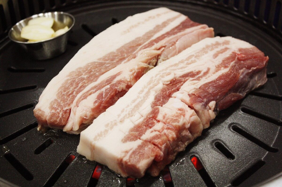 Close up of samgyupsal on a grill