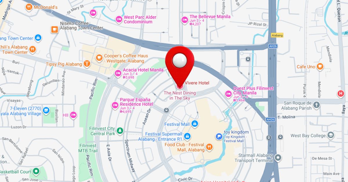 Map showing Vivere Hotel location in Filinvest City, Alabang 